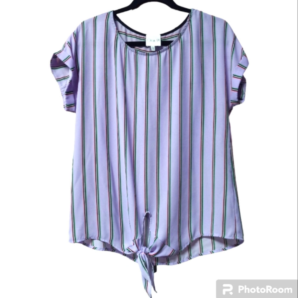 Gray LA Light Purple Striped Short Sleeve Tie Front Blouse Made in USA 🇺🇸 NWOT